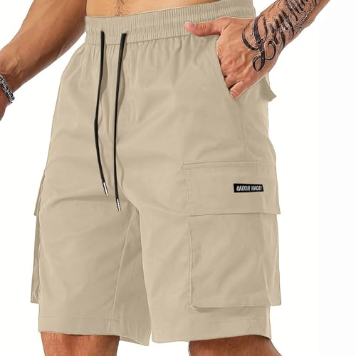 Mens Elastic Waist Shorts Knee Length Cargo Casual Summer Shorts Lightweight Outdoor Work Hiking Short with Pockets Breathable Chino Golf Short Stretch Active SweatShorts Carpenter Construction Pants