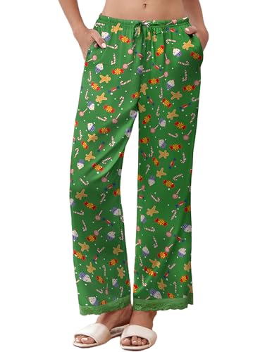 Ekouaer Womens Silk Satin Pajama Pants Casual Comfy Sleep Pants Pocketed Elastic Waist Wide Leg Pj Bottoms with Lace Trim Green Chirstmas Pattern M