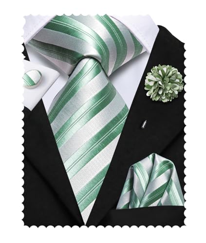 Image of Hi-Tie Green White Striped Neckties for Men Classic Woven Tie and Lapel Pin Pocket Square Cufflinks Sets Formal Business Wedding