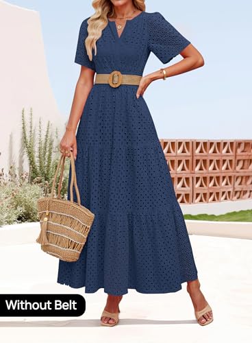 Image of ZESICA Summer Dresses for Women 2026 Casual V Neck Short Sleeve Eyelet A Line Beach Vacation Long Maxi Dresses