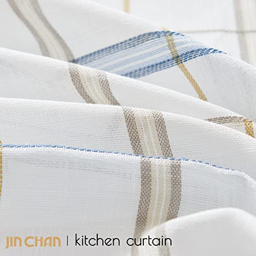 Jinchan Check Kitchen Curtains 24 Inch Buffalo Plaid Sheer Tier Curtains Gingham Checkered Cafe Curtains Classic Farmhouse Woven Drapes For Living Room Rv Blue And Taupe Striped On Off White 2 Panels #TOP6