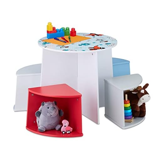 Relaxdays Grupo para niños Mesa y Sillas Infantiles con 4 Taburetes, Diseño de Perros, Mesita Redonda y Asientos Unisex, MDF, Multicolor, 100% Fibra, 50,5 x 55 cm Aprox