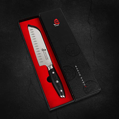 Image of Santoku Chef Knife - TUO 7 inch Kitchen Knives Ultra Sharp Asian Knife Japanese Chefs Knives - German HC Steel - Full Tang Pakkawood Handle - BLACK HAWK SERIES
