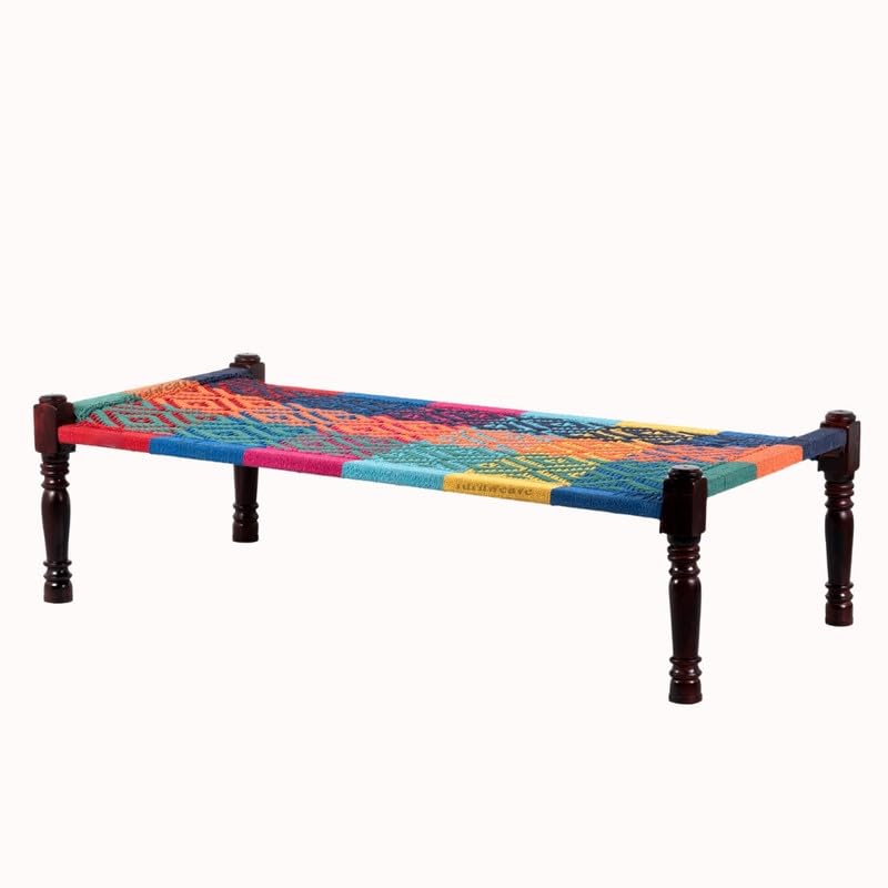 Image of Solid Sheesham Wood Charpai Khat | Handcrafted Daybed Khatiya Charpai with Cotton Rope | Traditional Khat Bed Wooden Diwan Cot for Living Room | 6X3 Feet | Colorful 002, Multicolor