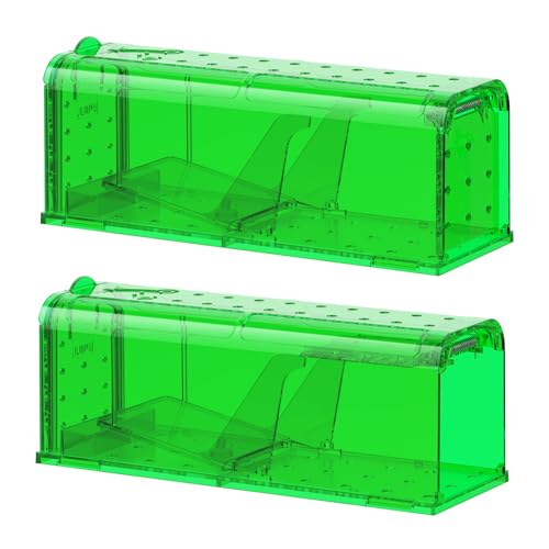 Teletrogy 2 Pack Humane Mouse Traps for Indoors Outdoors, Live Release Mice Catch Cage, Reusable Rodent Mice Trap, Effective Outside Rat Traps Kids/Pets Safe, Washable and Sensitive, Green
