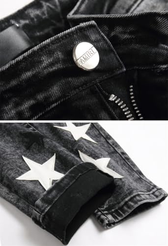 Kdtoll Herren Jeans, Y2K Slim Fit Stretch Hose mit Pentagramm-Design, Zerrissene Destroyed Jeanshose im Hip Hop Cowboy Style, Regular Straight Fit, Modisch und Vielseitig für Streetwear