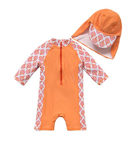 Baby/Toddler Girl One Piece Swimsuit Long Sleeve with UPF 50+ Sun Protection (Orange, 9-12 Months)
