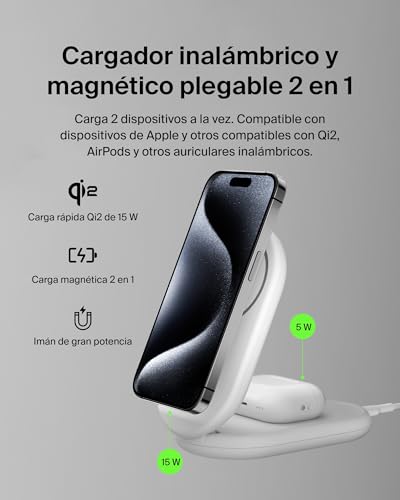 Miniatura 2 de Belkin BoostCharge Cargador Magnético Plegable Qi2 15W, Estación de Carga Inalámbrica Compatible con MagSafe, Carga Rápida para iPhone 17, Air, Pixelsnap, Base con Soporte Antideslizante - Blanco