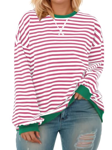 Image of ROSRISS Womens-Plus-Size-Oversized-Sweatshirts Striped Colorblock Long Sleeve Shirts Casual Crewneck Pullover Sweaters XL-5XL