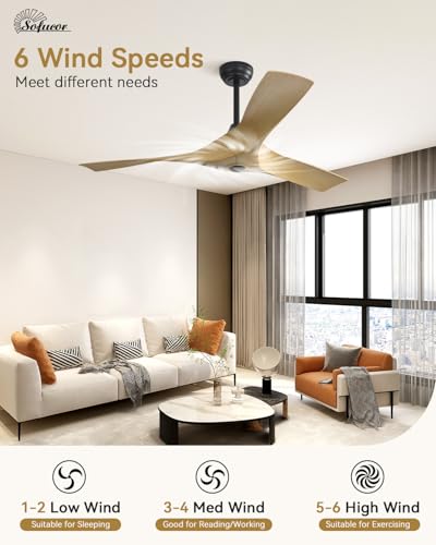 Image of Sofucor 52 Inch Ceiling Fans No Lights, Modern Ceiling Fan with 3 Plastic Blades, 4500CFM 6-Speed 3-Timer Reversible DC Motor, for Bedroom Living Room Patios Office, ETL /FCC