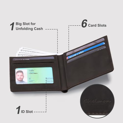 Image of Chelmon Genuine Leather Slim Wallet for Men ID Window with RFID Blocking Front Pocket Bifold Minimalist Mens Bussiness Card Holder Gift for Men, Craze Horse Coffee