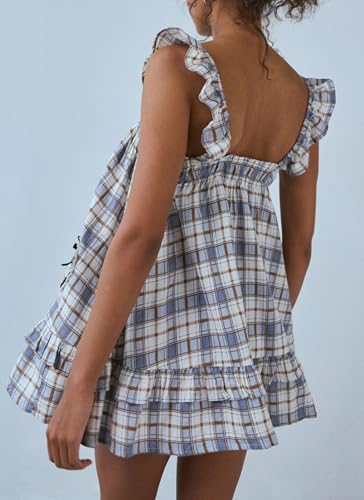 Image of NUFIWI Y2K Ruffle Hem Babydoll Mini Dresses Square Neck Spaghetti Strap Short Dresses Boho Flowy Patchwork Sundress Vocation