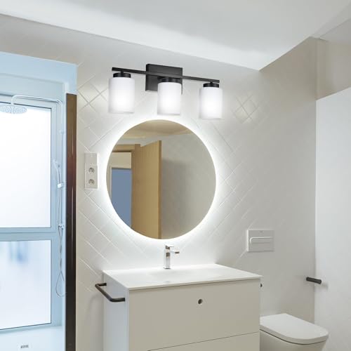 Image of Black Bathroom Vanity Light,3-Light Modern Wall Sconce Lighting with Milky White Frosted Glass Shades Bath Vintage Wall Mounted Lamps for Mirror, Living Room