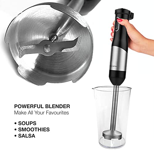 Andrew James Hand Blender 3 in 1 Set Electric with Whisk & Chopper Plus Bowl & Beaker | 20 Speed Plus Turbo | Great for Soup Sauces & Baby Food | 800W | Black & Stainless Steel