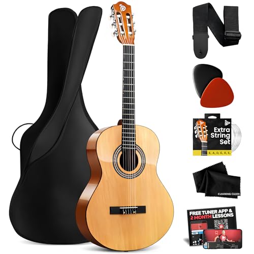 Pyle Left Handed Classical Acoustic Guitar Kit, 3/4 Junior Size All Wood Instrument for Beginner Kids, Adults, 36' Natural Gloss