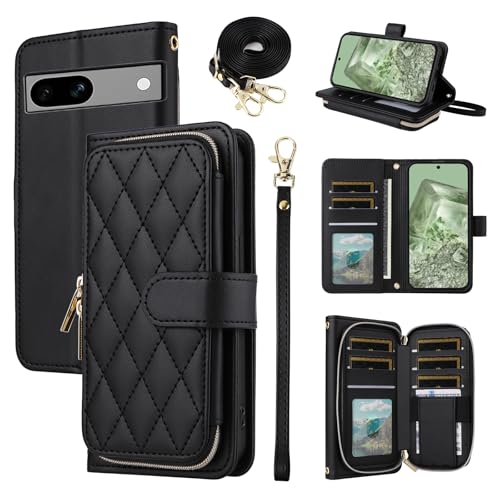 Étui portefeuille pour Google Pixel 6A avec bandoulière et 9 emplacements pour cartes en cuir noir