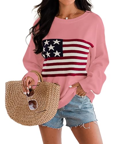 Image of Dressmine Womens American Flag Knit Sweater Crew Neck Long Sleeve Pullover