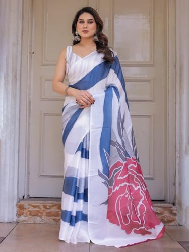 Image of ALMAARI FASHION Women's Floral Printed Georgette Satin Saree with Unstitched Blouse Piece | Traditional Ethnic Wear Sarees | Soft Lightweight Ethnic Office Wear Daily Wear Indian Sari (SG 181-190 F)