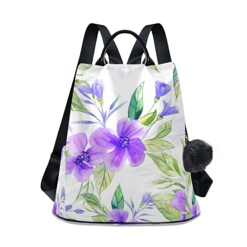 Mochila antirrobo de flores moradas con bolsillo trasero y pompón de viaje
