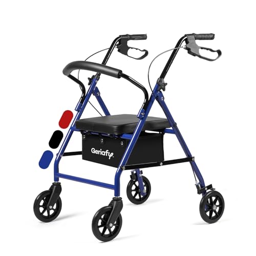 Geriafy - Andador plegable con Asiento y Frenos de Maneta | Modelo Lambda | Rollator de 4 Ruedas (15 cm) y Cesto | Caminador Ligero Regulable en Altura (Azul)
