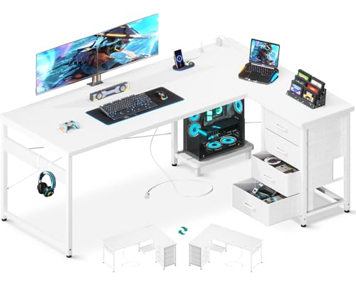 ODK 61'' L Shaped Desk with 4 Drawers, Reversible Corner Desk with Storage, Gaming Table with Power Outlets, USB Ports, PC Case Shelf, Computer Desk for Home Office, Study, Easy Assembly, White
