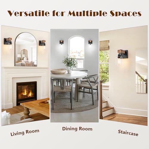 Image of Licperron Farmhouse Wall Sconces 4-Pack, Rustic Wood Vanity Light Fixtures for Bathroom, 1-Light Black Bath Wall Mount Lamp with Clear Glass Shades, Wall Lights for Living Room, Mirror, Cabinet