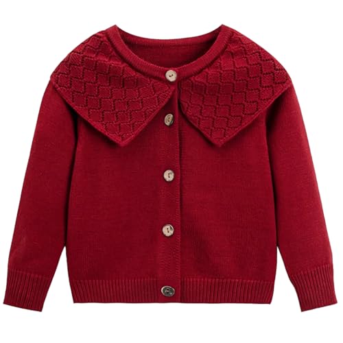 Riclena Girls Cardigan Sailor Neck Ruffled Solid Cute Front Button Down Knit Christmas Sweaters