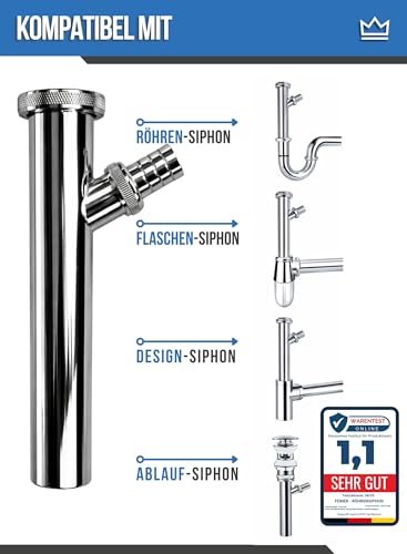 FEINER® Edelstahl Universal Verstellrohr Abflussrohr 1 1/4 Zoll x 200 mm x Ø 32 mm Tauchrohr mit Geräteanschluss, Rohr für Waschbecken Siphon an Wasch,- Spülmaschine verchromt + Gratis-Schlauchschelle