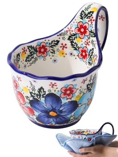 CKERAVOX Hand-Painted Ceramic Soup Bowl with Handle Bowl Cozy Included