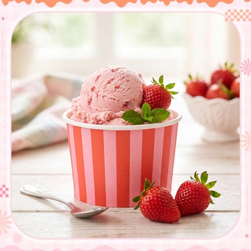 Image of Zopeal 50 Count Orange and Pink Striped Ice Cream Cups Paper Dessert Bowls | 9 oz Disposable Ice Cream Bowls, Birthday Party Supplies, Snack Cups Sundae Picnic Yogurt Bowls for Food