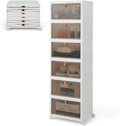 HYGRAD BUILT TO SURVIVE Foldable White Plastic Shoe Box Stackable Storage Cabinet - Rolling Wardrobe Storage Organizer Containers With Lid & Lockable Wheels (6 Tier)