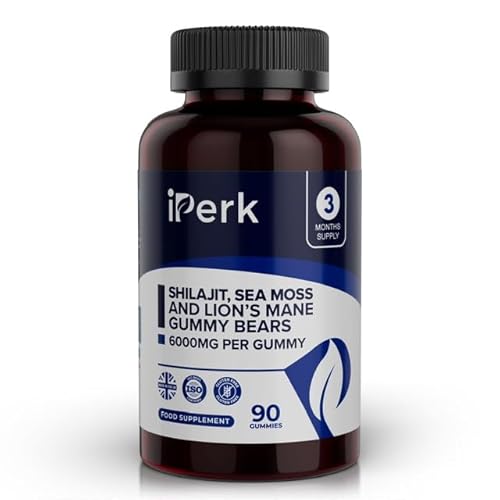 iPerk Shilajit, Sea Moss & Lion’s Mane Gummy Bears | 3,000mg Shilajit | 6,000mg Total Per Gummy | 90ct | 3-Month Supply | Made in The UK | Halal | Natural Wellness Support