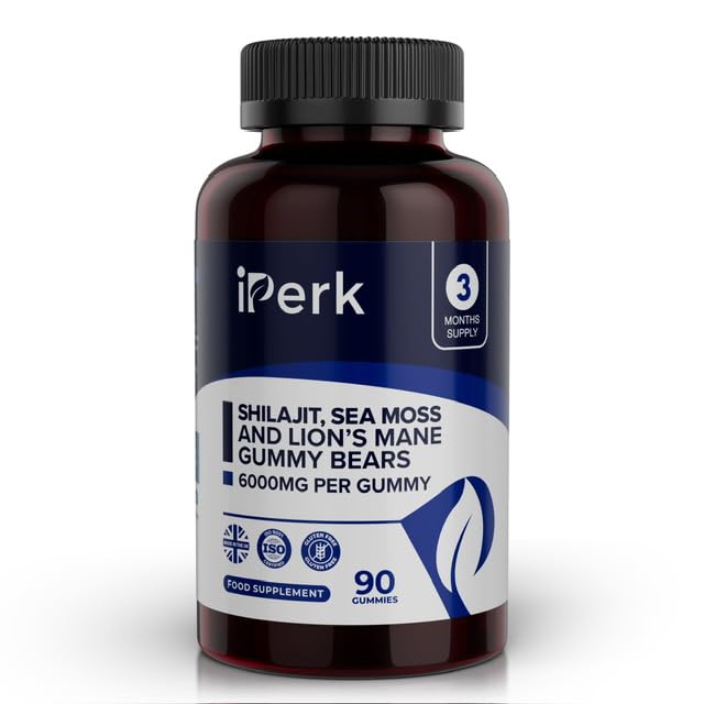 iPerk Shilajit Sea Moss & Lions Mane Gummy Bears | 3 000mg Shilajit | 6 000mg Total Per Gummy | 90ct | 3-Month Supply | Made in the UK | Halal | Natural Wellness Support