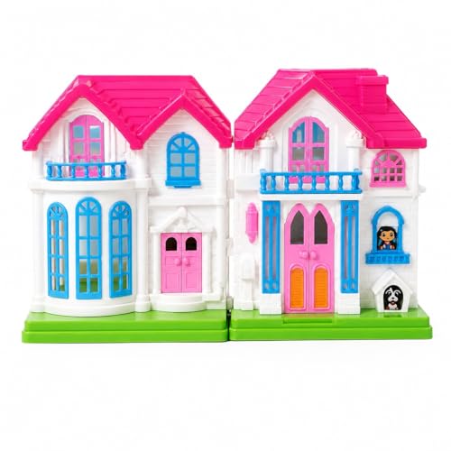 Image of My First Villa Portable Dollhouse Playset for Kids | Vibrant Pretend Play Toy Home with Balcony, Windows, and Openable Doors | Birthday Gift for Girls & Toddlers (Blue & Pink) (Pink)