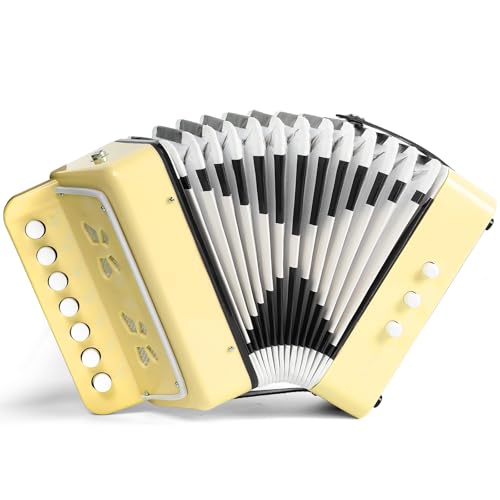 10 Keys Kids Accordion, Horse Button Accordion Toys Accordian Mini Musical Instruments Button for Child Children Kids Toddlers Beginners (Light Yellow)