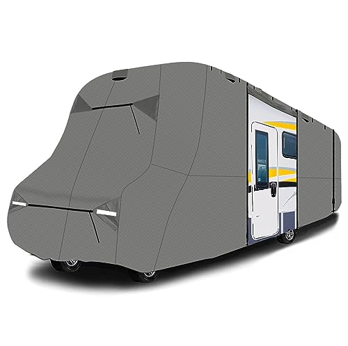26-29 Foot Non-Woven Fabric Travel Trailer RV Class C Cover 6 Layers Extra Thick Top Camper Cover with 4 Tire Covers Gray