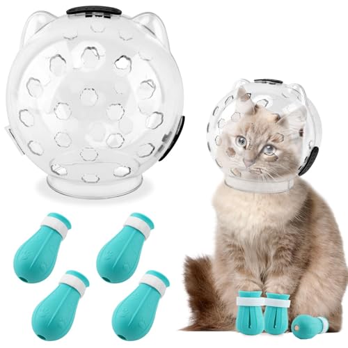 Cat Muzzle for Grooming Transparent Cat Helmet with 4 Silicone Claw Covers Adjustable Breathable Kitty Hood Anti Bite Bubble Astronaut Groomin Mask for Pet Bath Nail Trimming S