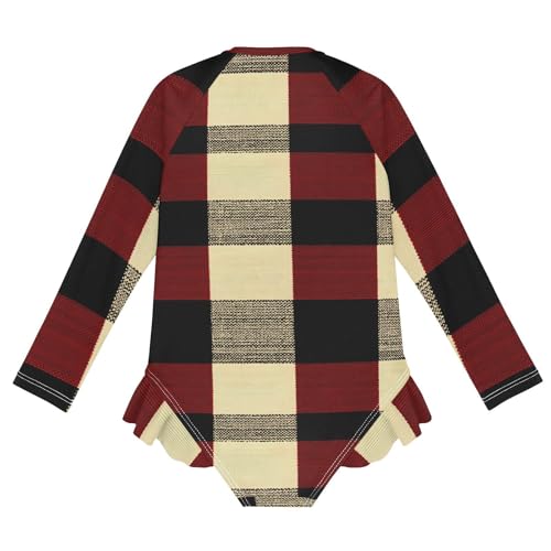 Girls One Piece Swimsuits Long Sleeve Swimsuit Zipper Bathing Suits Red Black Checkered Buffalo Plaid C2