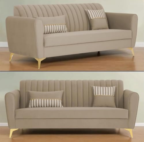 Image of MS Luxury FURNITRE Premium Luster 3-1-1 Sofa Set | Velvet Suede Fabric | 5 Color and Golden Legs & Striped Pattern Cushion wit Centre tabule Free (Beige, 3 seatar)