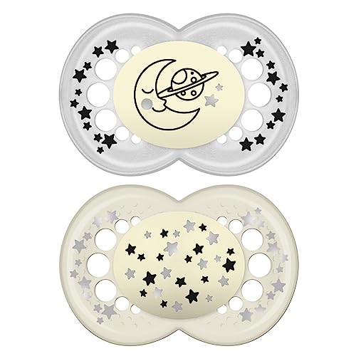 Image of MAM Night Pacifiers (2 Count), MAM Pacifiers 6+ Months, Best Pacifier for Breastfed Babies, Glow in The Dark Pacifier, Baby Unisex Pacifier, 6-16- 2 Count (Pack of 1)