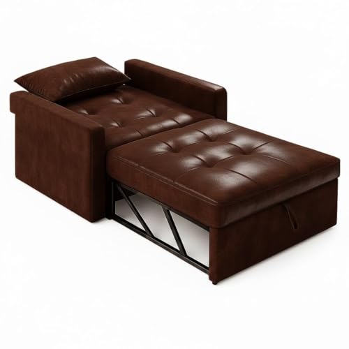 Image of FURNY Tressa 1 Seater Leatherette Pull-Out Sofa Cum Bed Set (Dark Brown) Premium Finish | Comfortable & Durable | Ideal for Living Room