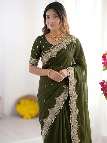 Image of SIRIL Women's Shimmer Georgette Scalloped Border Sequins Embroidery Saree with Unstitched Blouse Piece