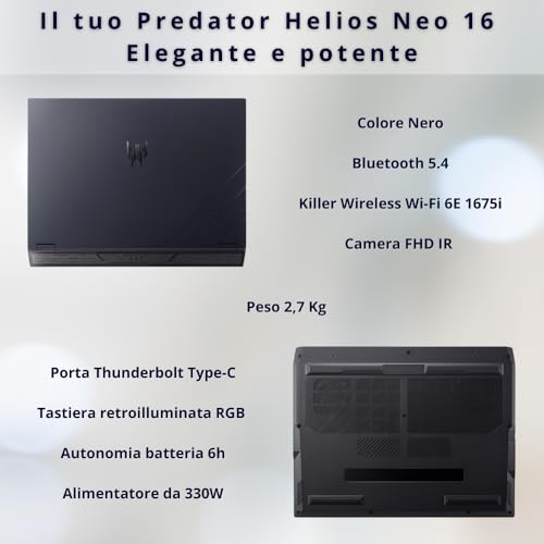 Predator Helios Neo 16 AI Pc Gaming, Notebook Gaming Ultra 9 275HX, 32GB RAM DDR5, SSD 1TB PCIe, Display 16" WQXGA 240Hz, nVIDIA GeForce RTX 5070 Ti 12GB GDDR7, Laptop Gaming Tastiera RGB - Notebook - Immagine 5