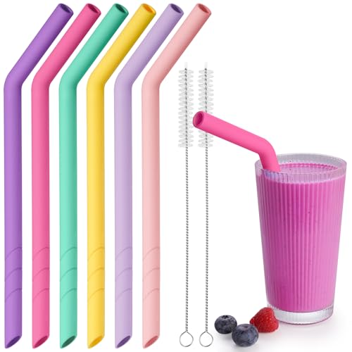 NiHome Lot de 6 pailles en silicone réutilisables, extra larges, pour boba, smoothies et thé à bulles, longueur découpable, sans BPA, avec 2 brosses de nettoyage, passent au lave-vaisselle (couleurs