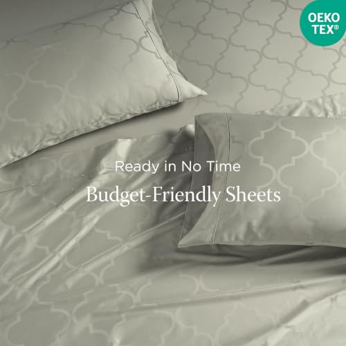 Image of Threadmill 300 Thread Count Cotton Full Sheet Set, Sateen, Damask, Sage | 100% Cotton, Sateen Weave, Damask Pattern, 4-Piece Set, 16 inch Deep Pocket, Cooling, Fade-Resistant, OEKO-TEX Certified