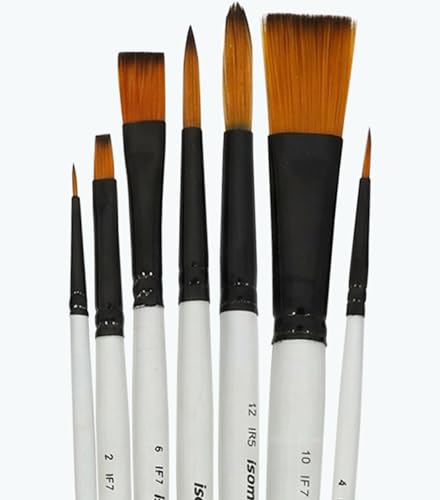 Image of Isomars Round & Flat Paint Brush Set - Set of 7 Professional Art Brushes for Acrylic, Watercolor, Oil & Craft Painting | Multi-Size Brushes for Canvas, Detail Work & Mixed Media