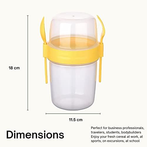 Shopivaa The Original Take & Go XL 1100ml Yoghurt Pot For Breakfast Granola Muesli Cereal Overnight Oats Salad Yogurt Pot to go with Spoon Fork Lid Leakproof Plastic Dishwasher Safe (Yellow)