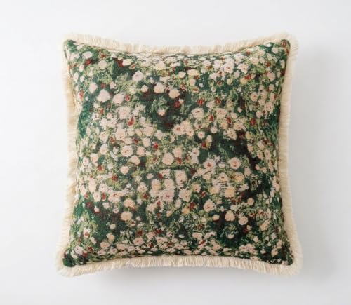 Wavy Studio Vintage Floral Throw Pillow Cover with Fringe Trim 18x18 Cotton Cross Stitch Fabric Abstract Oil Painting Style Decorative Accent Cushion Cover