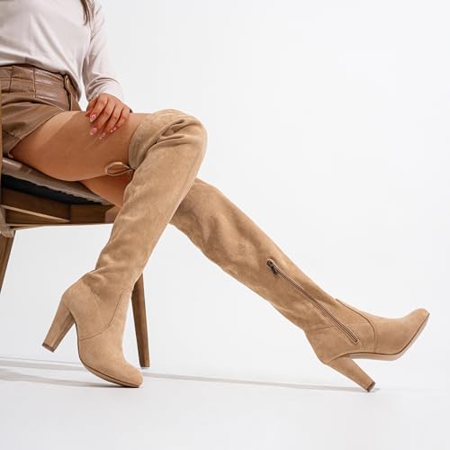 Image of Vepose Women's Suede Thigh High Over the Knee Boots with Block Heel | Above knee heeled silhouette, Tall shaft, Long boot shape, Inside zipper, 3.5 in heel, Skirt and jeans styling, Concerts