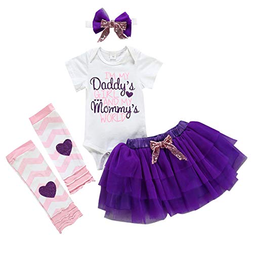 Newborn Baby Girls Clothes 1st Birthday Outfit Daddys Girl Mommys Wold Romper + Ruffle Tulle Skirt +Sequins Bow Headband+Leg Warmers Party Dress 4Pcs Photo Cake Smash Clothes Set Purple 0-3 Months